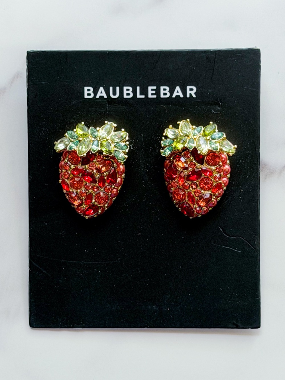 NWT BaubleBar Strawberry Stud Earrings Jeweled Red Green Oversized NWT